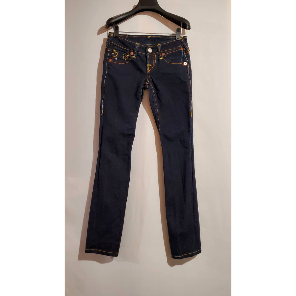 True Religion Dark Wash Straight Leg Embroidered Button Fly Jeans Womens Size 26